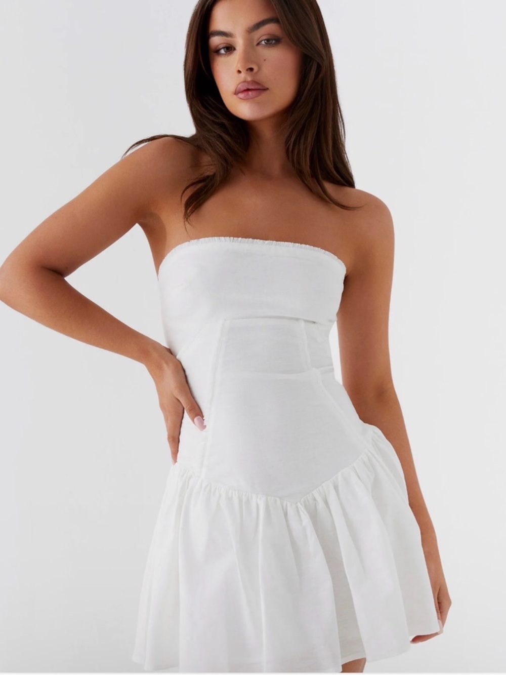 Peppermayo White Strapless Ruffle-Hem Mini Dress